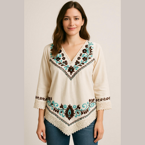 Royal Moda Womens Cream Boho Mexican Hand Embroidered Crochet Top Size Small